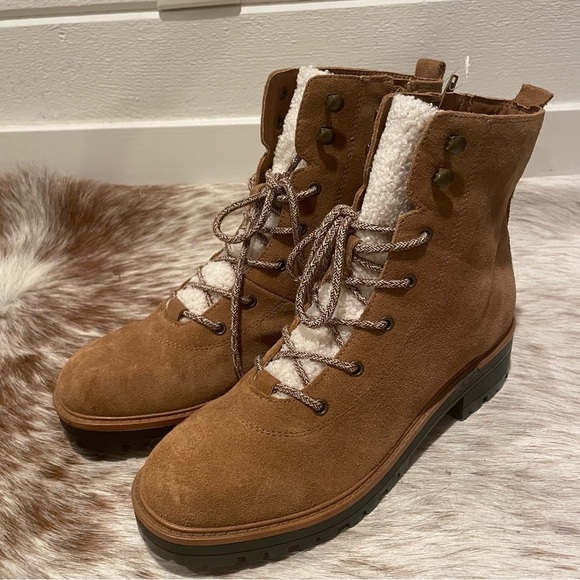 NWOB Marc Fisher Izma Boot Size 9.5 Shearling Suede Lace Up Combat Boots, Brown - Picture 1 of 13
